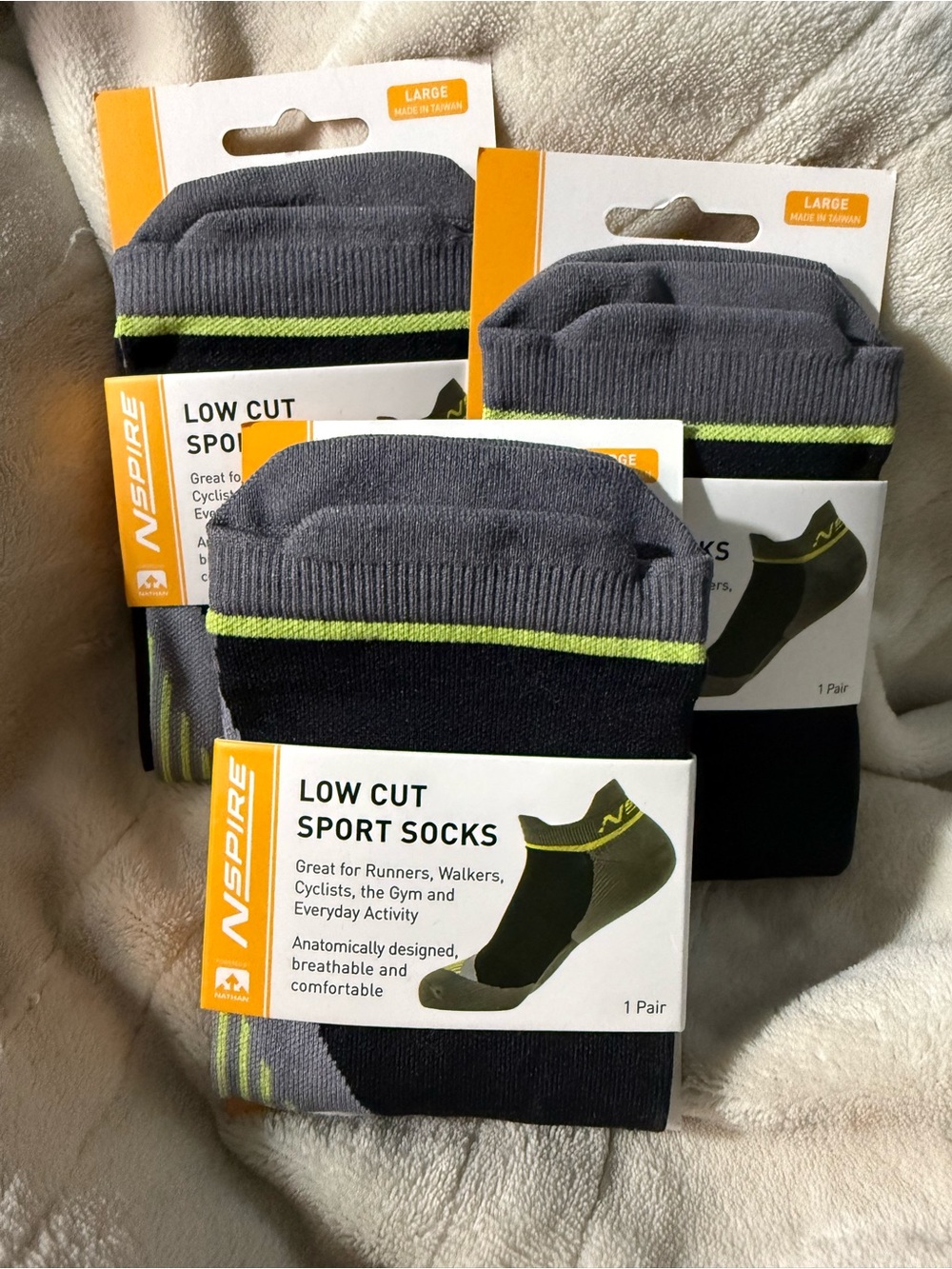 Nathan Nspire Low Cut Sport Socks - Gray with Lime Accent (Large) Lot of 3 pairs